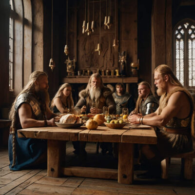 Götter der Nordischen Mythologie sitzen an der Tafel bei einem Fest-Schmauß